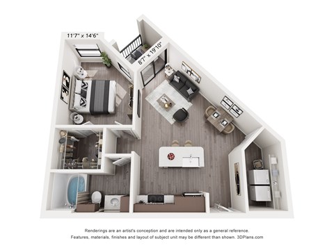 Floor plan for 1 bed, 1 bath, 768 sqft